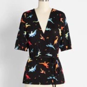 ModCloth black dinosaur print wrap top size XL